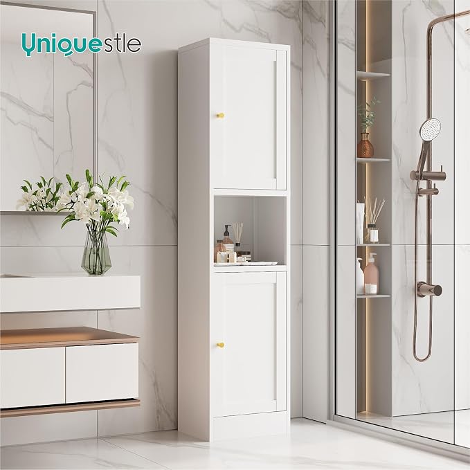 67" Tall Narrow Storage Cabinet with Doors and Open Shelf,Metal Pantry Cabinet,Shaker Style Slim Cabinet with Adjustable Shelves,for Bathroom Kitchen Laundry Small Spaces,White,1Pc