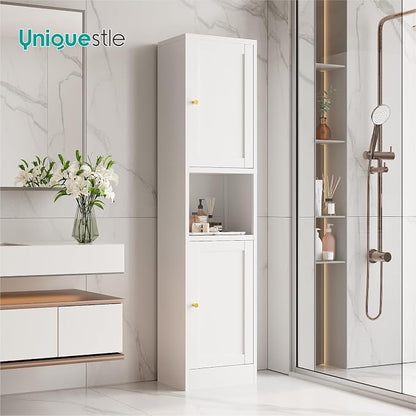 67" Tall Narrow Storage Cabinet with Doors and Open Shelf,Metal Pantry Cabinet,Shaker Style Slim Cabinet with Adjustable Shelves,for Bathroom Kitchen Laundry Small Spaces,White,1Pc