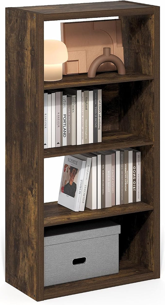 Furinno Viola Book Shelf, 4-Tier Bookshelf, Extra Thick Frame Bookcase with Open Shelf, Open Back Design, 11.3" x 23.2" x 45.4", for Living Room, Bedroom, Home Office, Amber Pine