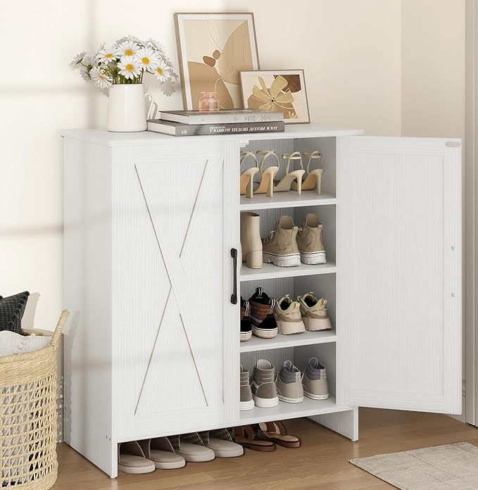 Farmhouse Shoe Storage Cabinet, 5-Tier Wooden Shoe Cabinet Organizer with 2 Barn Doors & 3 Adjustable Shelves, Shoe Cabinet for Entryway, Hallway, White