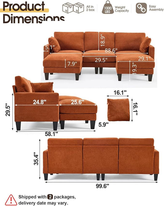 Karl home 99.6" 3-Seat U-Shaped Sectional Sofa, Orange | Chenille Upholstered, 2 Movable Ottomans, Cloud-Like Seat, 2 Throw Pillows, Comfy Deep Seat, Living Room, Apartment, Office