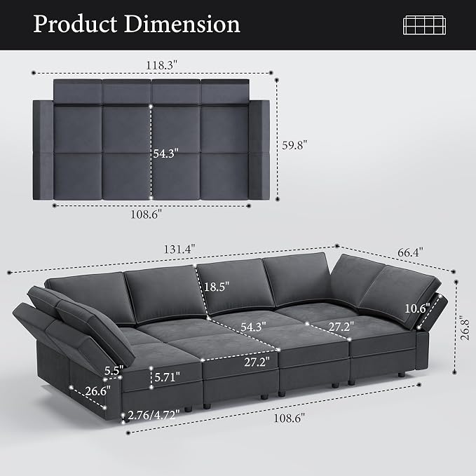 Vesgantti Sectional Sleeper Sofas with Storage, 118" Sofa Bed with 8 Seats Storage Chaises Removable Cover, Deep Seat Modular Couches Velvet Couch Set for Living Room, Apartment, Home Theater, Gray