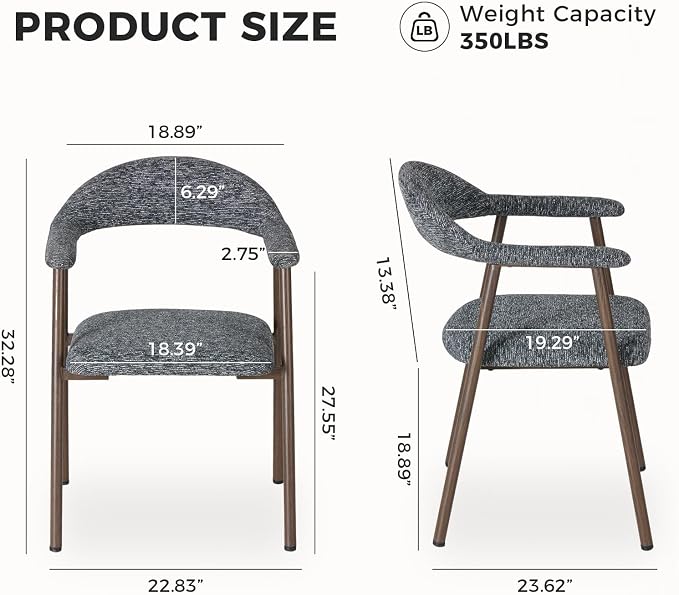 DUMOS Dining Chairs Set of 2, Linen Fabric Upholstered Kitchen Side Chairs with Curved Backrest & Metal Legs, Modern Farmhouse Accent Chair for Dining Room Kitchen Living Room Cafe, Gray