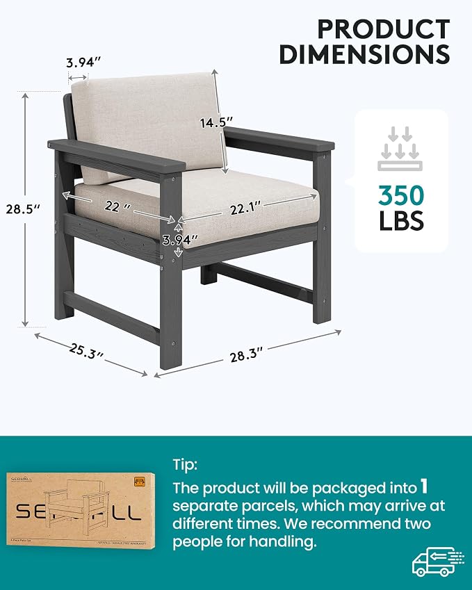 SERWALL 2 Pieces Single Cushioned Sofa Chair, Grey HDPE Outdoor Adirondack Lounge Armchair with Khaki Cushion