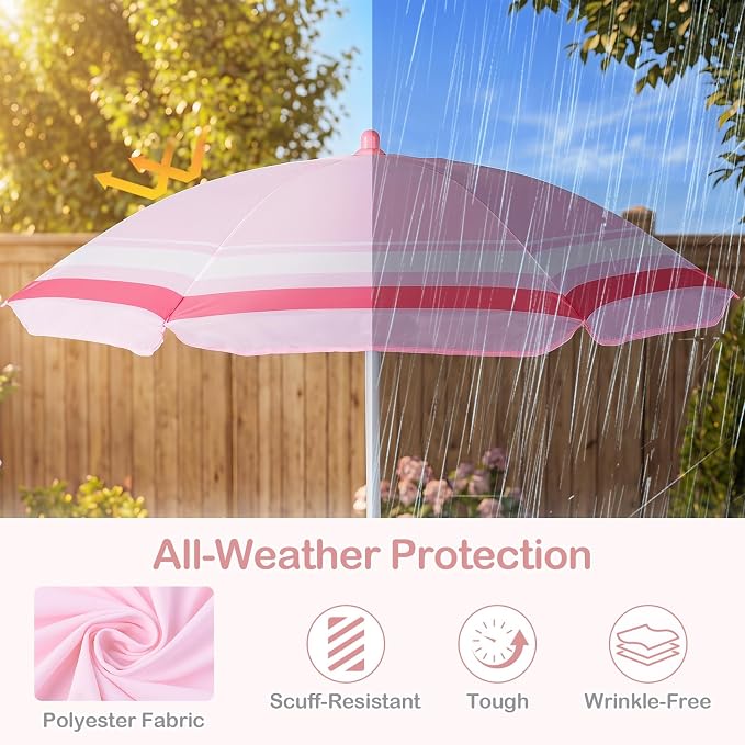Olakids Kids Picnic Table, Outdoor Toddler Patio Furniture Set with 2 Folding Chairs Adjustable Foldable Umbrella for Garden Backyard Beach (Pink)