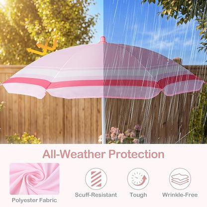 Olakids Kids Picnic Table, Outdoor Toddler Patio Furniture Set with 2 Folding Chairs Adjustable Foldable Umbrella for Garden Backyard Beach (Pink)