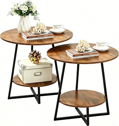 D&H FURNIMMT Round End Table Set of 2, 20" Industrial 2-Tier Side Table, Metal Frame Nightstand Accent Table for Living Room Bedroom Small Spaces, Rustic Brown & Black