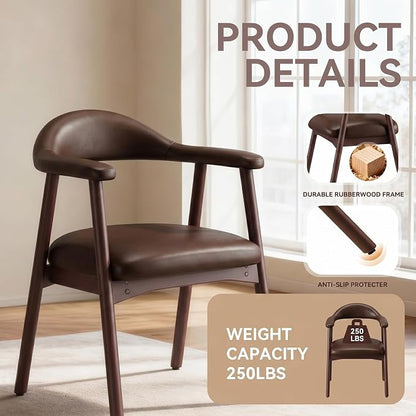 MALOL Leather Dining Chair with Armrest Set of 4, Upholstered Dining Room Chair with Curved Back and Wood Legs, Mid Century Modern Kitchen Chairs for Kitchen Dining Room,Dark Brown