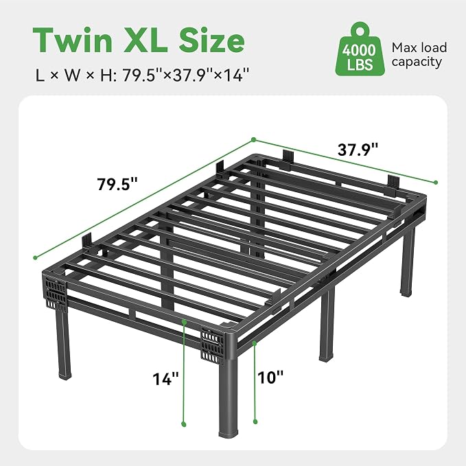 Superay Twin XL Bed Frame, 14 inch Metal Bed Frame & Box Spring 2 in 1 Design, Double Layer Bed Frame with Rounded Legs, Heavy Duty Platform Support 4000lbs, with Matress Gasket & headboard Adapter
