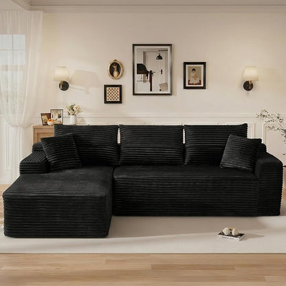 108" L Shaped Cloud Boneless Sectional Couches for Living Room, Modern Comfy Modular Deep Seat Memory Foam Compressed Corduroy Sofa Oversized Left Facing Chaise, No Assembly Required, Balck