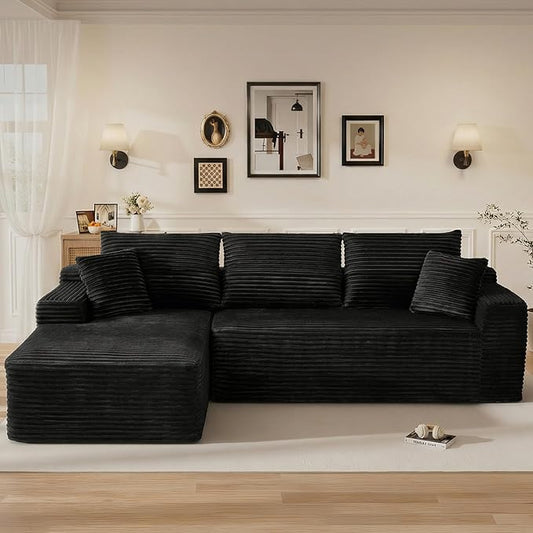 108" L Shaped Cloud Boneless Sectional Couches for Living Room, Modern Comfy Modular Deep Seat Memory Foam Compressed Corduroy Sofa Oversized Left Facing Chaise, No Assembly Required, Balck