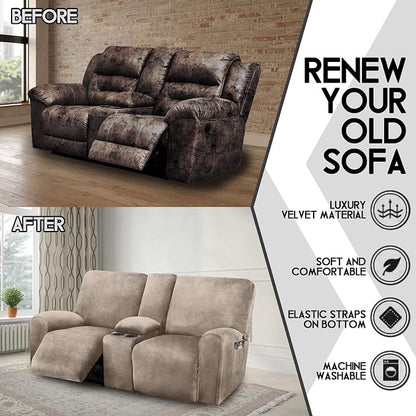 ULTICOR Reclining LoveSeat with Middle Console Slipcover, 8-Piece Velvet Stretch Loveseat Reclining Sofa Covers, 2 seat Love seat Recliner Cover, Thick, Soft, Washable, Love seat Slipcovers (Taupe)