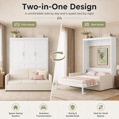 Queen Murphy Bed with Couch, Space Saving Wall Bed Cabinet Bed with Sofa and Storage, Folding Wall Bed with Dual Piston Metal Mechanism, Hide Away Bed for Studio, Small Apartment, Guest Room(White 4)