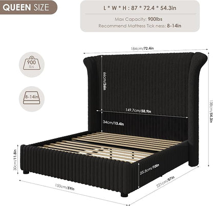 Keyluv Queen Bed Frame with 54” Tall Faux-Fur Wingback Headboard, Upholstered Platform Bed with LED Light, Mattress Foundation with Solid Wooden Slats Support, No Box Spring Needed, Noise-Free, Black
