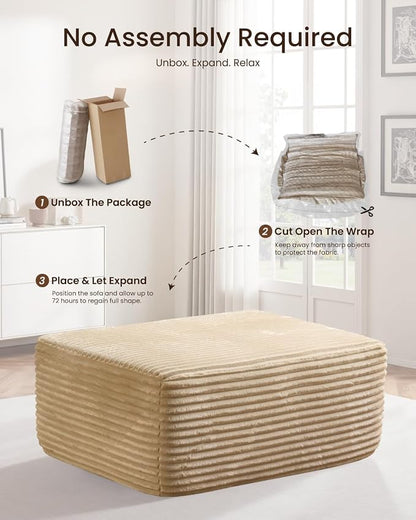 37" Plush Boneless Ottoman, Upholstered Cloud Footrest for Boneless Couch in a Box,Oversize Poufs for Living Room & Bedroom Sofa Ottoman,Comfy Seating with Dense Foam, Beige (Plush Corduroy Fabric)