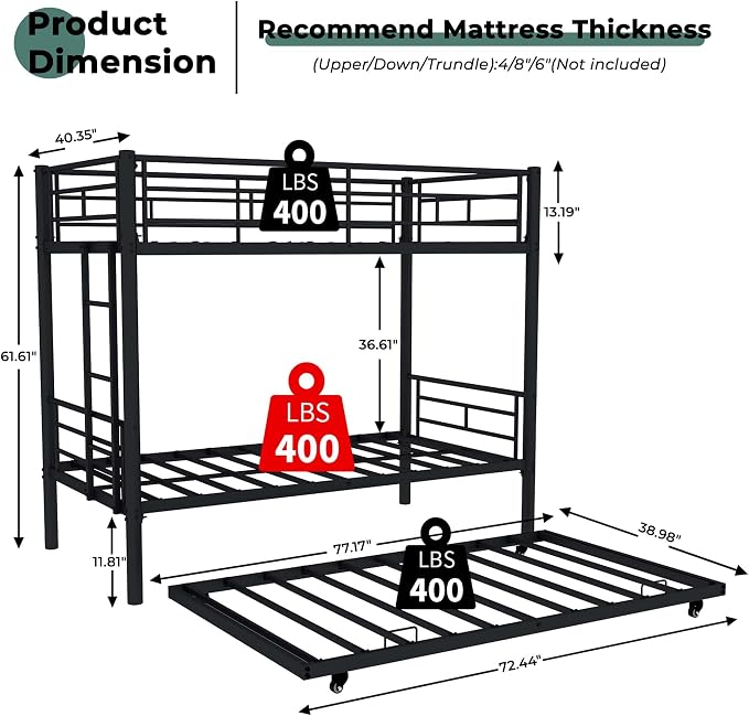 Bunk Bed with Trundle, Metal Twin Bunk Beds with Guardrail and Ladder for Kids/Teenagers/Adults, Space-Saving Bunk Bed Can be Split Into 3 Beds, No Box Spring Needed(Black, with Trundle)