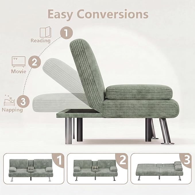 Flamaker Futon Sofa Bed Corduroy Folding Couch Adjustable Sleeper Sofa Bed for Small Apartment Upholstered Living Room Furniture Set with 2 Cup Holders Removable Armrests (Corduroy, Green)