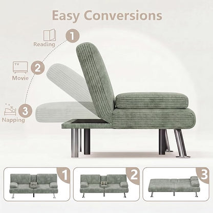 Flamaker Futon Sofa Bed Corduroy Folding Couch Adjustable Sleeper Sofa Bed for Small Apartment Upholstered Living Room Furniture Set with 2 Cup Holders Removable Armrests (Corduroy, Green)