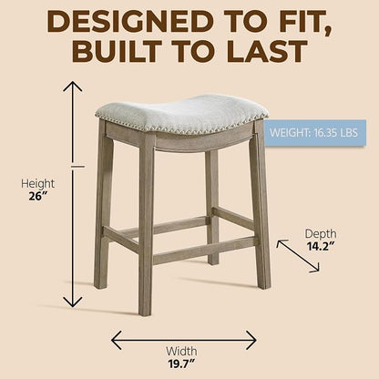 ROME + OAK Set of 2 Parker 26" Counter Stool, Backless Saddle Kitchen Barstool in Reclaimed Oak Finish with Ash Grey Fabric Upholstery Cushion Seat