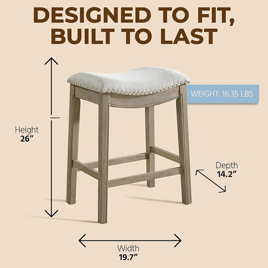 ROME + OAK Set of 2 Parker 26" Counter Stool, Backless Saddle Kitchen Barstool in Reclaimed Oak Finish with Ash Grey Fabric Upholstery Cushion Seat