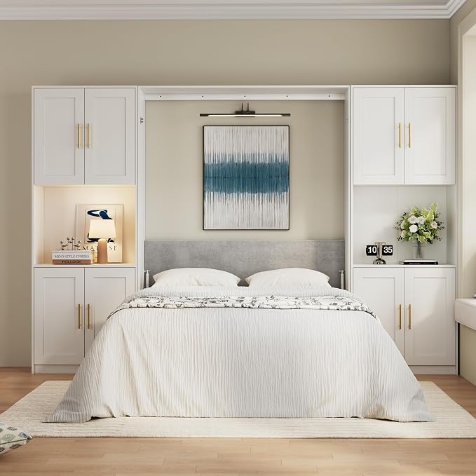 Bobve Farmhouse Murphy Bed Queen, 85" Wall Bed Folds to Save Space, Concealed Bed Frame with 2 Storage Cabinets and Wall Mounted Features for Apartment/Office/Guest Room