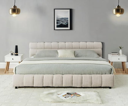 KEIKI King Thick Chenille Bed Frame with 4 Storage Drawer & Upholstered Tufted Headboard, Modern Solid Wood Floor Platform for Bedroom, No Box Spring Needed