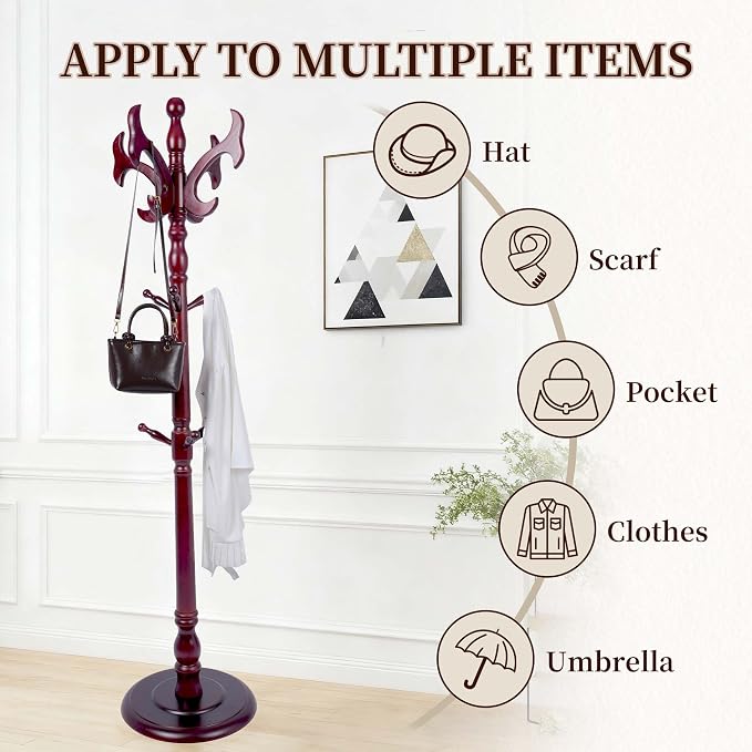 Wooden Coat Rack Free standing 14 Hooks, Vintage Coat Rack Stand for Entryway, Adjustable Height 73", Heavy Duty Coat Tree with Solid Round Base for Home Bedroom, Office (Antlers)