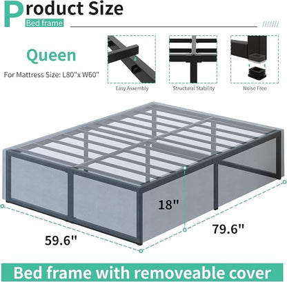 Lutown-Teen 18 Inch Queen Bed Frame with Cover Skirt, Heavy Duty Steel Slat Support Metal Platform Bed Frame Queen Size No Box Spring Needed, Easy Assembly, Black and Blue