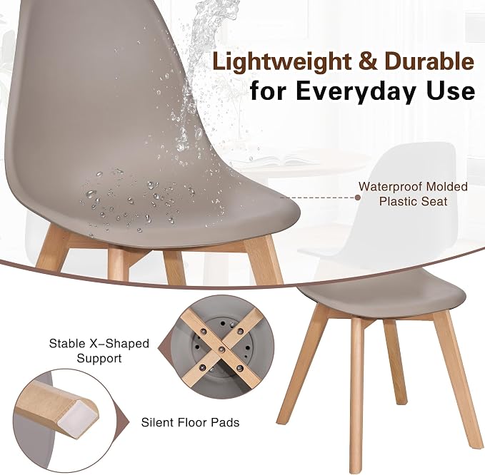 VECELO Dining Chairs Set of 4, Mid-Century Modern Kitchen & Dining Room Chairs, Molded Plastic Seat & Back, Solid Wood Legs, Armless, Non-Slip Feet, Grey