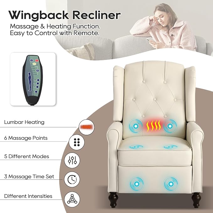 Wingback Recliner Chair with Massage and Heat, Tufted PU Leather Push Back Arm Chair for Living Room Vintage Recliner Chair with Remote Control, Padded Cushion, Backrest (Beige-pu)