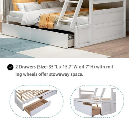 Merax Twin Over Full Bunk Bed, Wood Bunk Bed with Removable Ladders and Two Storage Drawers, Convertible into Two Individual Beds (White)