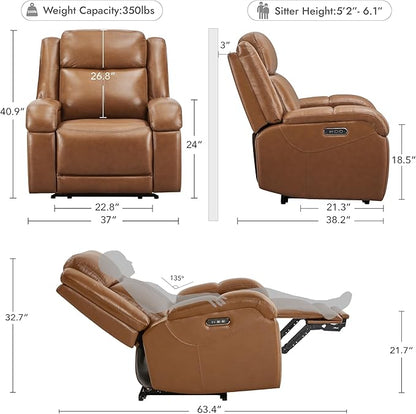 Watson & Whitely Genuine Leather Power Recliner Chairs for Adults, Wall Hugger RV Recliner with Power Headrest & Charging Ports, Electric Recliner Sofa Chair for Living Room, Saddle Brown