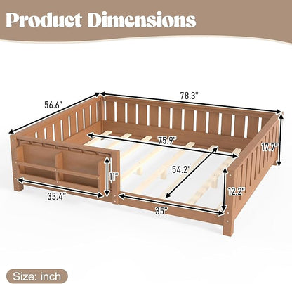 Bellemave Full Size Floor Bed with high Rails and with Built-in Bookshelf for Kids, Girls, Boys, Wood Montessori Floor Bed Without Door, Natural