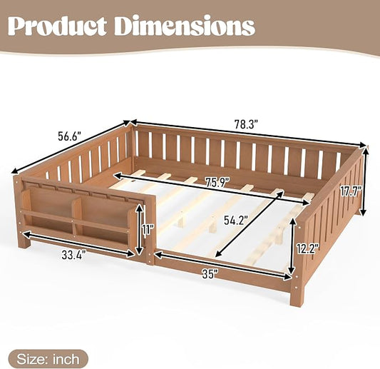Bellemave Full Size Floor Bed with high Rails and with Built-in Bookshelf for Kids, Girls, Boys, Wood Montessori Floor Bed Without Door, Natural