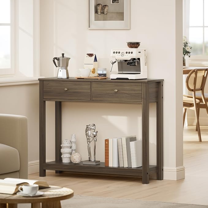 Gizoon Console Table with 2 Drawers, 2-Tier Wood Entryway Table with Storage Shelves, 39" W Wood Accent Sofa Table for Front Hall, Hallway, Living Room, Dark Brown