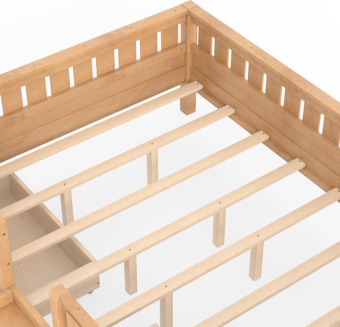 Bellemave Queen Size Bed with Slats and Stairs, Queen Size Platform Bed Frame with Fence, Bookshelf and Storage Drawers, Easy Assemble Beds for Girls, Boys, Deep Natural