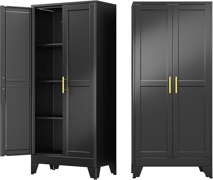 61" Metal Garage Storage Cabinet with 2 Doors and 3 Adjustable Shelves,Metal Storage Cabinets,Steel Tool Cabinets for Home,Office,Garage,Warehouse (Black, 61''H x 27''W x 14''D)