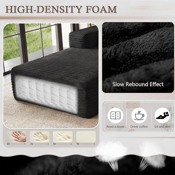 95" Cloud Sectional Couch U-Shaped Chaise with Ottoman, Corduroy Boneless Couch for Living Room Bedroom, Deep-Seat Upholstered Modular Cloud Sofa, No Assembly Required (Black, Left Facing Chaise)