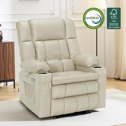 MCombo Large Dual Motor Power Lift Recliner Chair for Elderly, Zero Gravity Lift Chair with Heat and Massage, Infinite Position Lay Flat Recliner, USB Ports, Faux Leather 7896 (Cream White, Large)