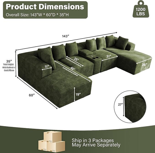 143" Oversized U Shaped Cloud Sectional Couches for Living Room, Comfy Fluffy Corduroy Green Boneless Couch, Large Modular Sectional Sofa Set with Chaise, Cup Holder, USB Port, Storage Console