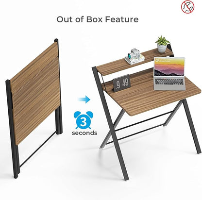GreenForest Folding Desk No Assembly Required, 2 Tier Computer Desk with Monitor Shelf, 30 Inch Foldable Home Office Table for Work from Home Apartment Dorm Study Room, Espresso
