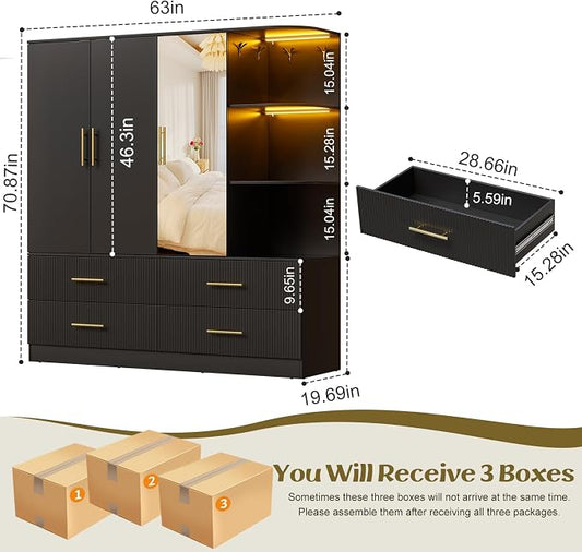 PAKASEPT 3 Door Armoire Wardrobe Closet, 70.87" H Bedroom Armoires with Drawers, Mirror, LED Light, Hanging Rod, Side Hooks, Large Capacity Storage Wardrobe Armoire for Bedroom (Black)