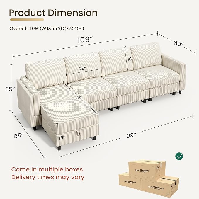 KKL Modular Sectional Sofa Bed with Storage Ottoman, Convertible L/U-Shaped Sleeper Couch for Living Room, Modern Reversible Design(Beige,5 Seater L Shape)