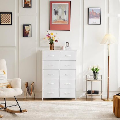 DUMOS 10 Drawer Dresser for Bedroom, Storage Organizer Chest of Drawers | Wide Fabric Closet Organizer Tower Furniture with Wooden Top Metal Frame, Dorm, White