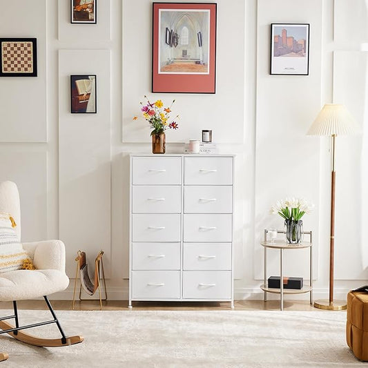 DUMOS 10 Drawer Dresser for Bedroom, Storage Organizer Chest of Drawers | Wide Fabric Closet Organizer Tower Furniture with Wooden Top Metal Frame, Dorm, White