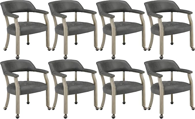 LEEMTORIG Set of 8 Dining Chairs with Casters and Arms, Rolling Dining Chairs with Wheels for Elderly, Ergonomic Wide Seat Wooden Office Desk Chair, 26"Dx25.2"W, Grey Legs&Dark Grey Fabric SY-1318-GY