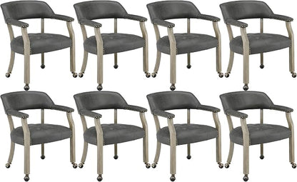 LEEMTORIG Set of 8 Dining Chairs with Casters and Arms, Rolling Dining Chairs with Wheels for Elderly, Ergonomic Wide Seat Wooden Office Desk Chair, 26"Dx25.2"W, Grey Legs&Dark Grey Fabric SY-1318-GY