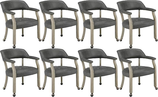 LEEMTORIG Set of 8 Dining Chairs with Casters and Arms, Rolling Dining Chairs with Wheels for Elderly, Ergonomic Wide Seat Wooden Office Desk Chair, 26"Dx25.2"W, Grey Legs&Dark Grey Fabric SY-1318-GY