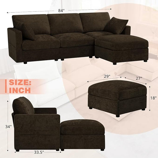 84” Chenille 3-Seats Sofa W/Movable Ottoman, Brown | Modern Fabric L-Shaped Couch w/Soft Backrests, Upholstered Sectional Sofa w/Arm Pillows for Living Room