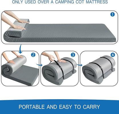 Memory Foam Camping Pad 3 Inch Thick, Soft Sleeping Pad with Waterproof Cover, Roll Up Cot Pad Topper for Travel Truck Bed Tent, Pad Only